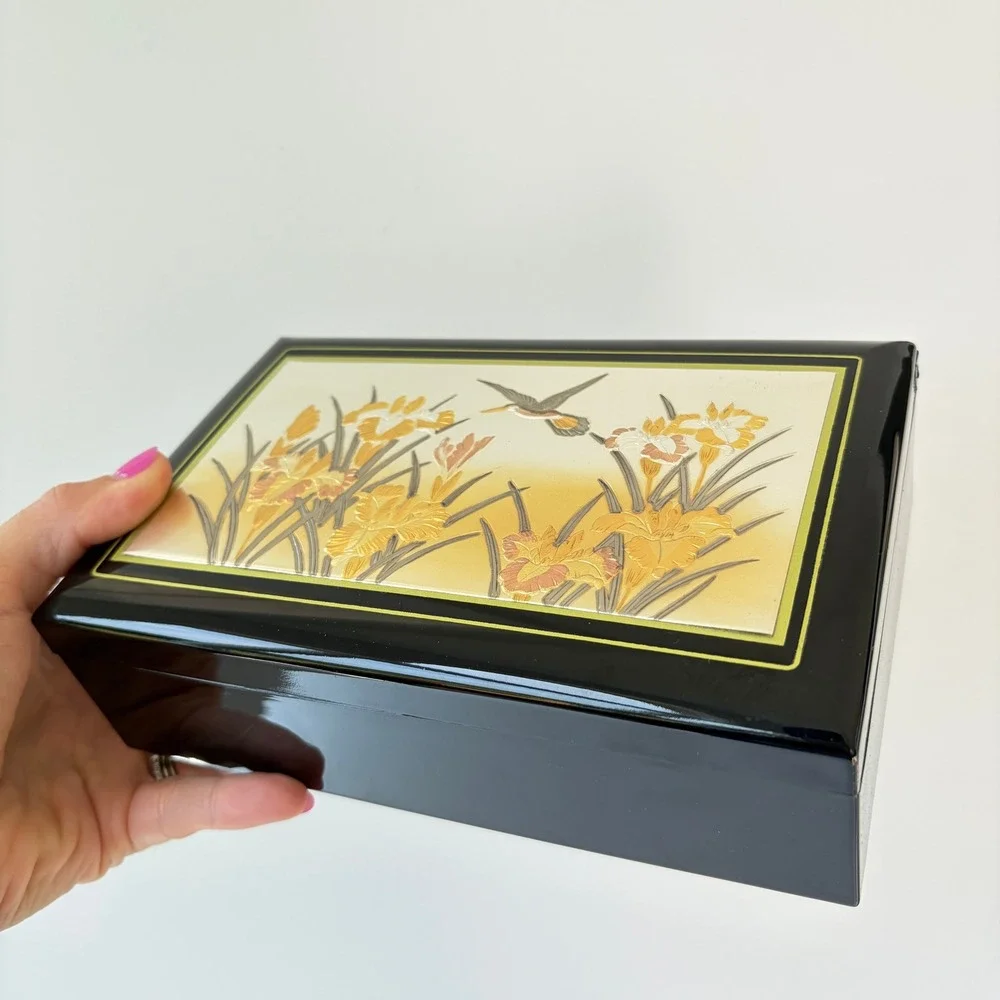Vintage Japanese Black Lacquer Chokin Music Jewelry Box Hummingbird Iris Flower